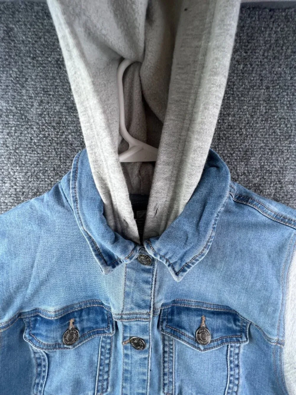 Wax Jean Denim Jacket Blue Gray Girls Large Stretch Buttons Long Sleeve Hooded